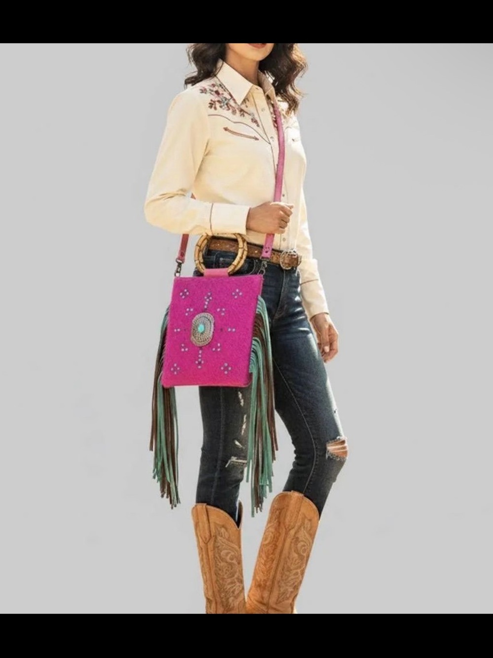 American Darling Stylish Pink Fringe Crossbody Bag with Turquoise Stones